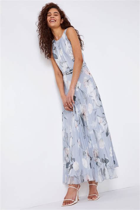 Floral Pleated Maxi Dress In Grey Roman Originals Uk