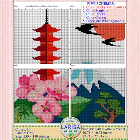 Japanese Pagoda Cross Stitch Pattern Sakura Bonsai Inspire Uplift