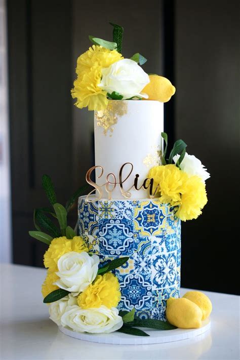 Blue Mediterranean Tiles Two Tier Birthday Cake Sugar Lemons Yellow