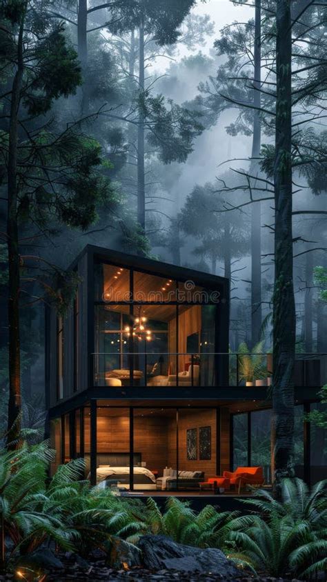 Modern Cabin in the Forest at Dusk with Illuminated Interior, Cozy ...