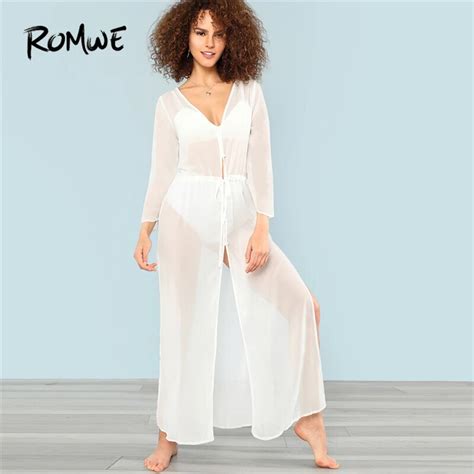 Romwe Sport White Chiffon Sheer Split Longline Beach Summer Women