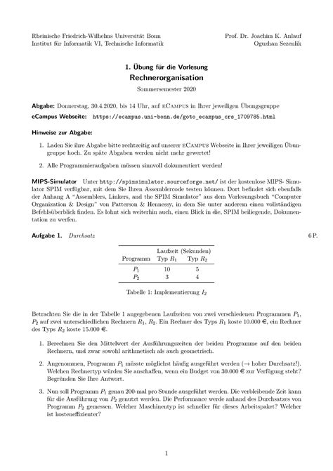 Ro ss20 uebung 01 Erstes Übungsblatt Rechnerorga Rheinische