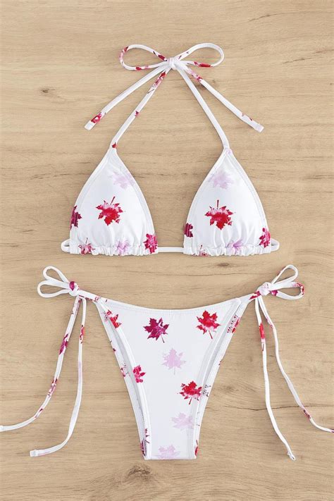 Wholesale Sexy Leaf Graphic Printing Padded Triangle Halter Neck Self Tie Bikini Set BA018281