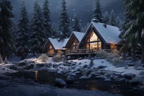 Premium Ai Image Cozy Winter Cabins Nestled In Snowy Wonderlands Of