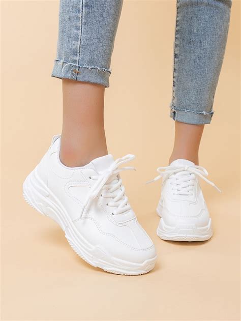 Solid Lace Up Chunky Sneakers Romwe Usa White Sneakers Outfit