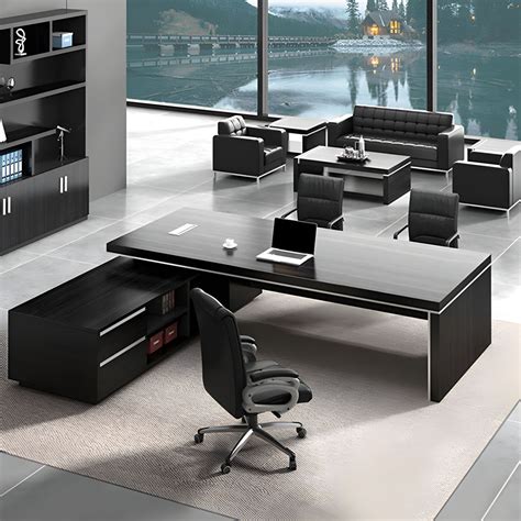 Long Deep Pedestal Base L-Shape Modern Black Executive Desk with ...