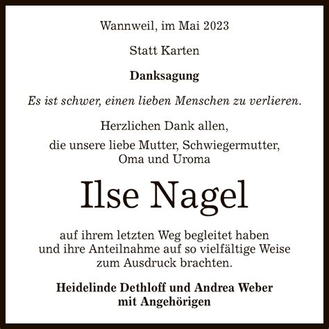 Traueranzeigen Von Ilse Nagel Trauer Gea De