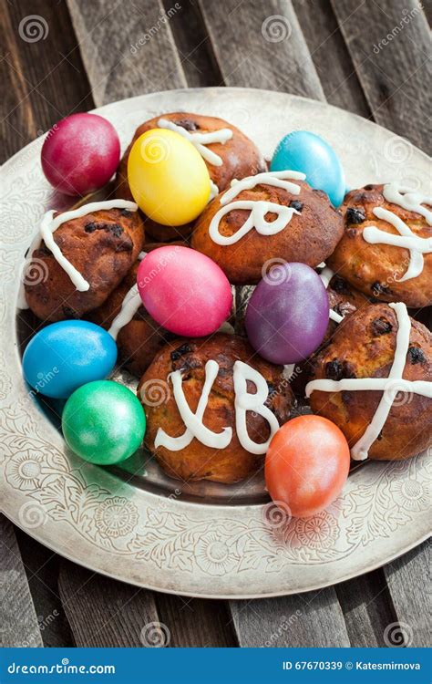 Easter Hot Cross Buns And Colored Eggs Stock Image Image Of Color Cake