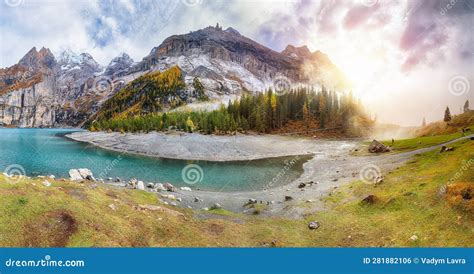 Spectacular Autumn View Of Oeschinensee Lake Stock Photo Image Of