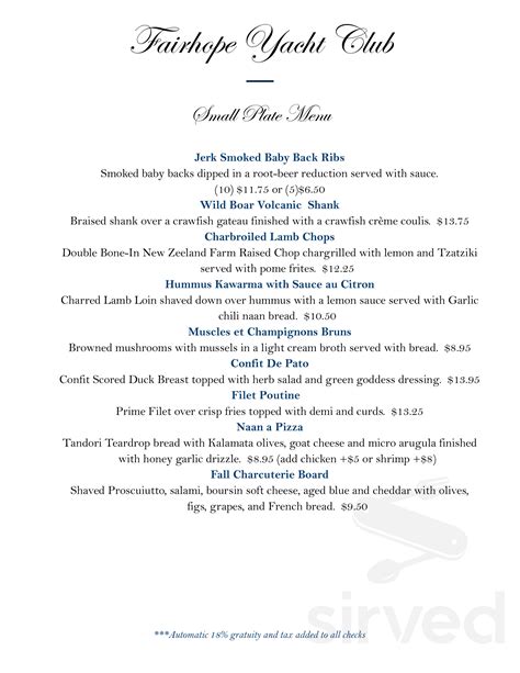 Fairhope Yacht Club menu in Fairhope, Alabama, USA