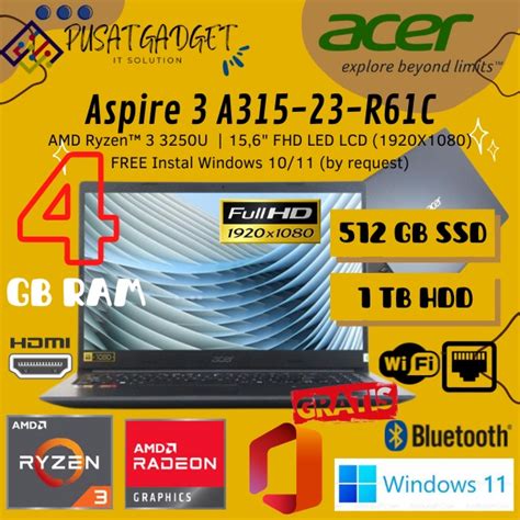 Jual Acer Aspire 3 A315 23 R61c With Amd Ryzen 3 3250u And 512gb Ssd