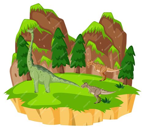 Free Vector Scene With Dinosaurs Brachiosaurus And Trex On Island