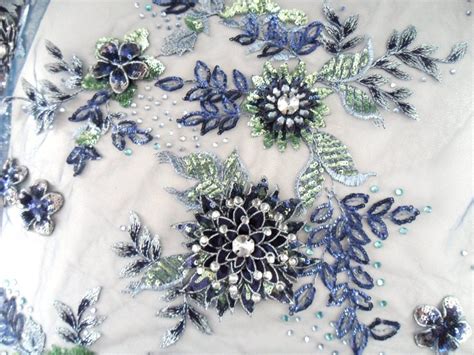 Embroidered 3D Applique Fabric Navy Sequin Rhinestone Floral Etsy