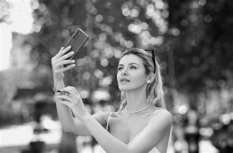 Portrait Of Blonde Woman With Mobile Phone Pretty Girl Talk By Mobile Cell Phone Call On Phone