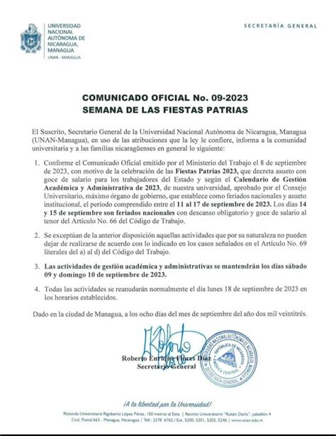 Comunicado Oficial Por Fiestas Patrias Unan Cur Chontales