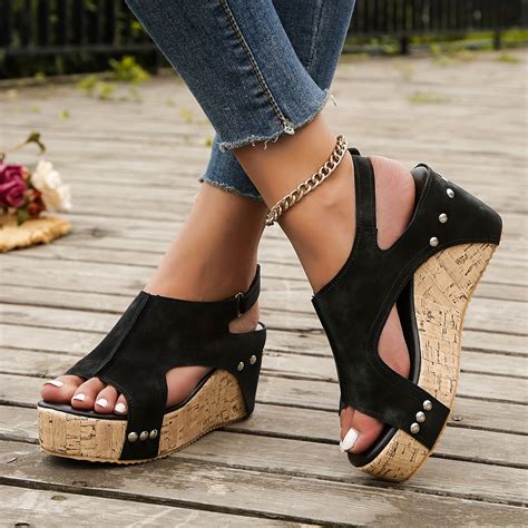 Womens Platform Wedge Sandals Wood Grain Sole Peep Toe Cut Temu Norway