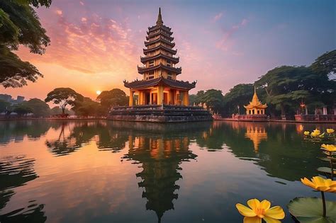 Premium Photo Hanoi Buddhist Pagoda On West Lake Colorful Sunset