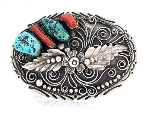 Lot MARK APACHITO NAVAJO STERLING SILVER TURQUOISE CORAL BELT BUCKLE