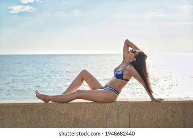 Beautiful Woman Blue Bikini Wearing Sunglasses Stock Photo Shutterstock