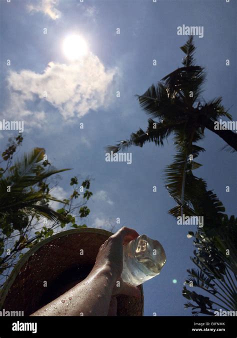 Woman Drinking Water In Hot Weather Stock Photo Alamy