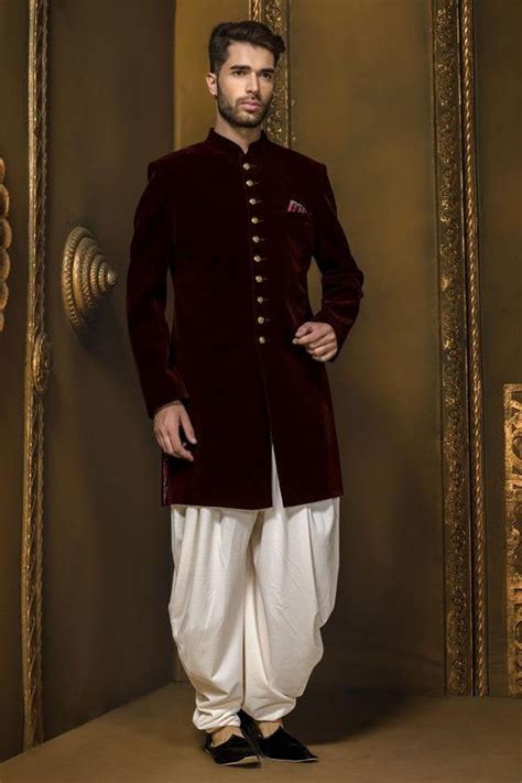 Indian Dark Red Velvet Jodhpuri Achkan Suit For Men With Etsy