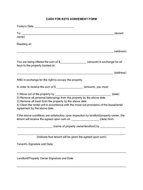 Cash For Keys Agreement Form Fill Online Printable Fillable Blank