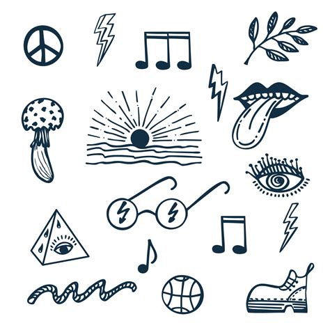 Collection Of Groove Psychedelic Elements Retro Design Of Hipster Icons Doodle Style Graphic