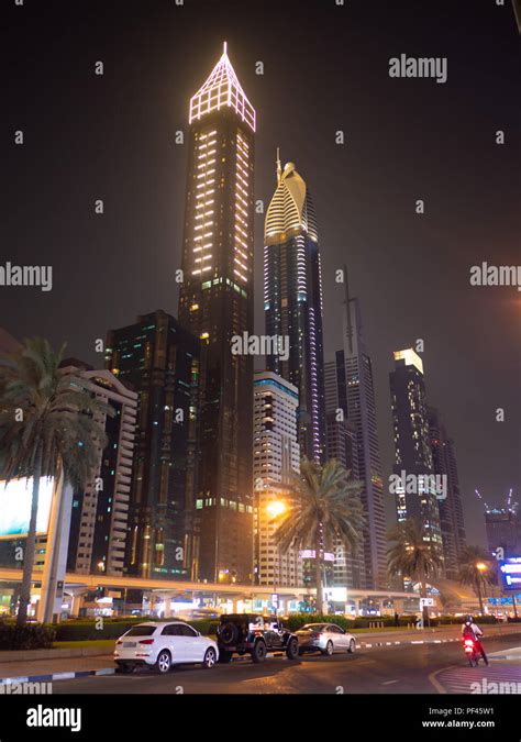 Dubai Skyscrapers At Night With Road Traffic Late At Night Stock Photo