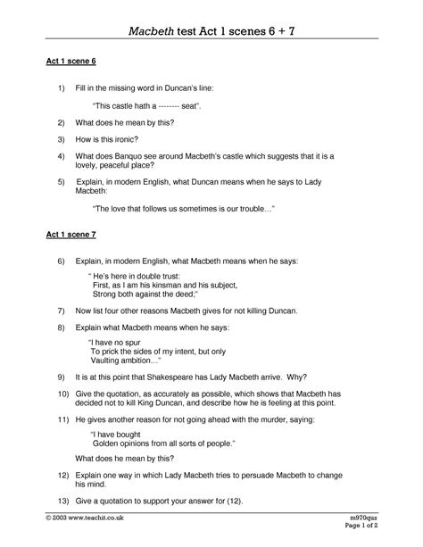 Macbeth Test On Act 1 Scenes 6 And 7ks3 Englishteachit