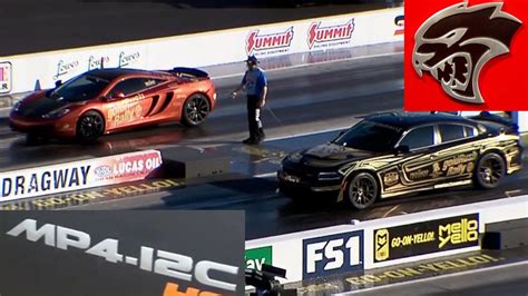 Dodge Charger Hellcat Drag Races Mclaren Mp4 12c At Goldrush Rally 14