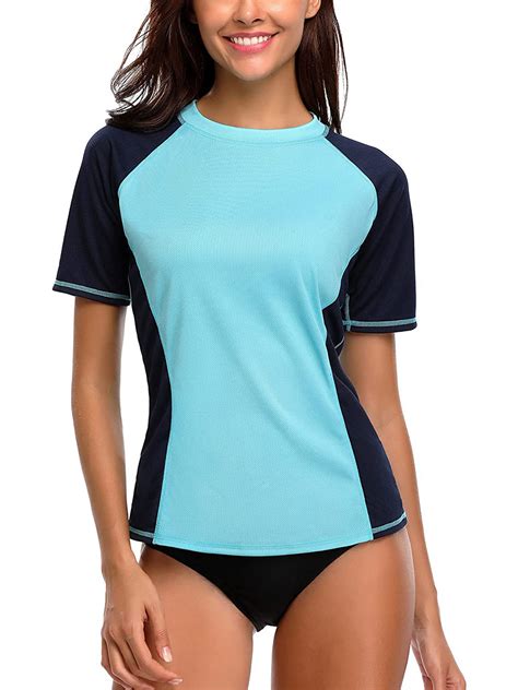 Womens Banded Crewneck Upf 50 Swimwear Rash Guard Colorblock Short