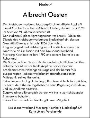 Traueranzeigen Von Albrecht Oesten Vrm Trauer De