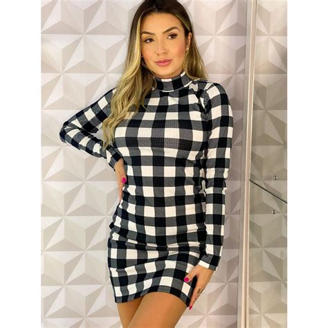 Vestido Feminino Manga Longa Gola Alta Xadrex Listrado Canelado Curto