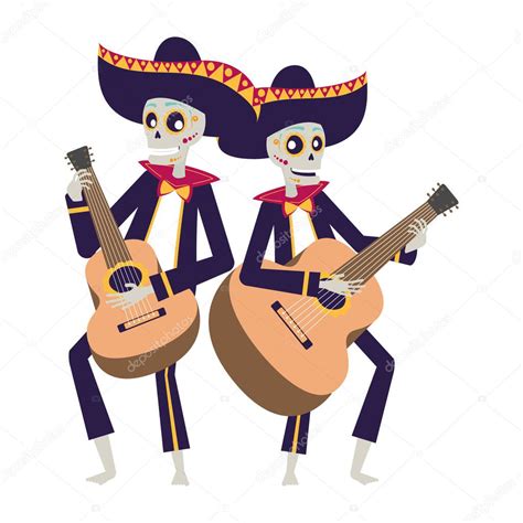 Calaveras Mexicanas Mariachis Tocando Guitarras Personajes Vector De