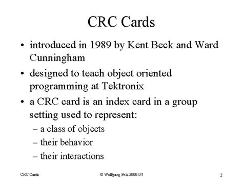 Crc Cards Classresponsibilitycollaborator Crc Cards Wolfgang Pelz 2000