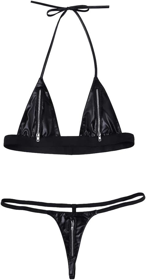 Amazon Iiniim Women S Wetlook Bikini Low Waisted Thong Panty Sexy Bra Zipper Lingerie Sets