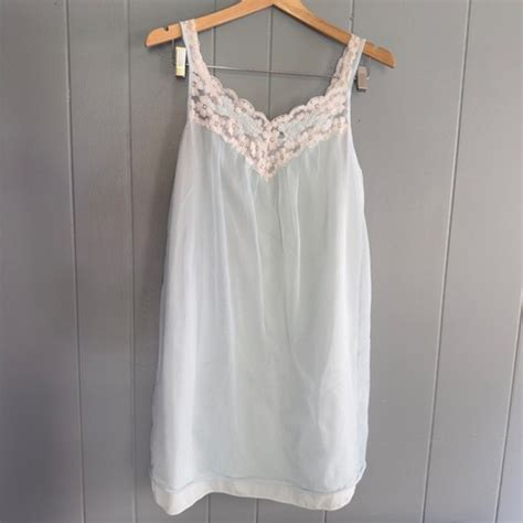 Vintage Babydoll Lingerie Nightie Blue Nylon Slip Sz M Lace Trim Sheer