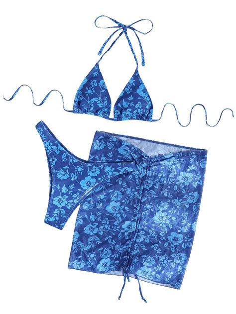 GORGLITTER Women S 3 Piece Floral Swimsuit With Skirt High Cut Thong Triangle Bikini Set With