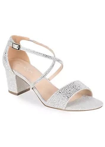 Paradox London Silver Glitter Ines Mid Block Heel Ankle Strap Sandals