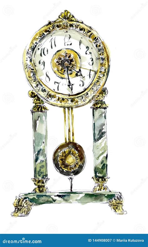 Old Clock Sketch Watercolor Hand Drawn Illustration Stock