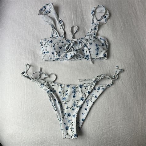 Blue And White Flower Bikini Never Depop
