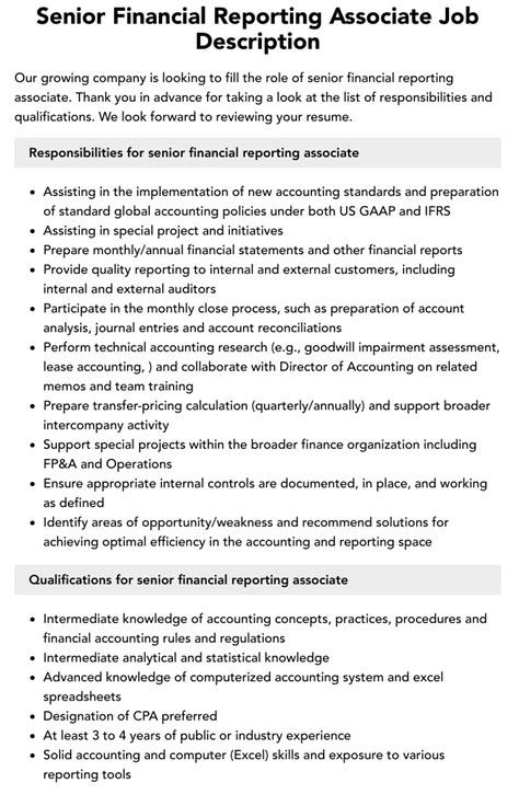 Senior Financial Reporting Associate Job Description Velvet Jobs