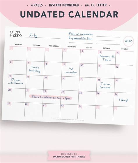 Printable Calendar Undated Desk Calendar Wall Calendar Printable