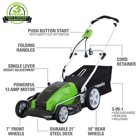 Greenworks 21 Lawn Mower With 13 Amp Corded Electric Walk Behind Push Start 25112