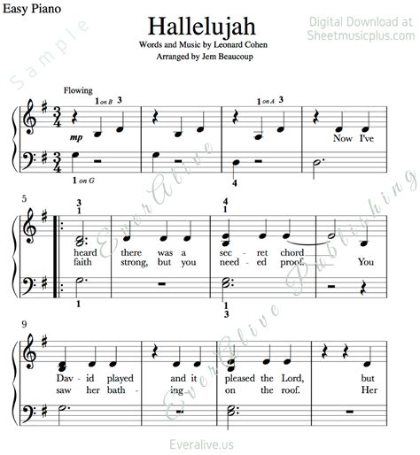 Free Printable Piano Sheet Music For Hallelujah By Leonard Cohen Free