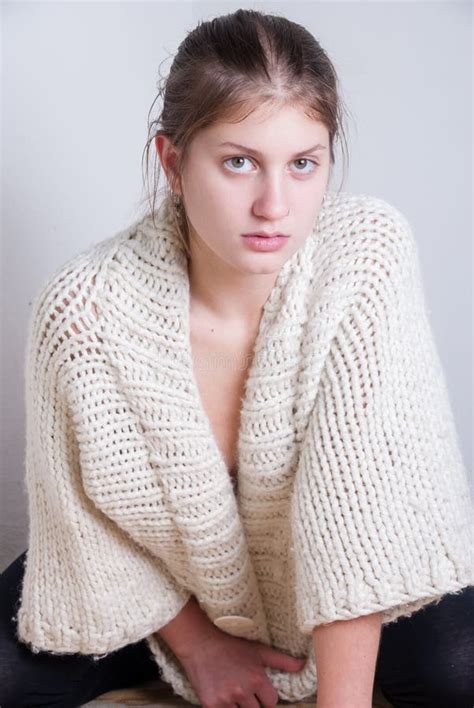 Cute Blonde Wearing Knitted Woolen Pullover Stock Image Image Of Front Curves 62402941