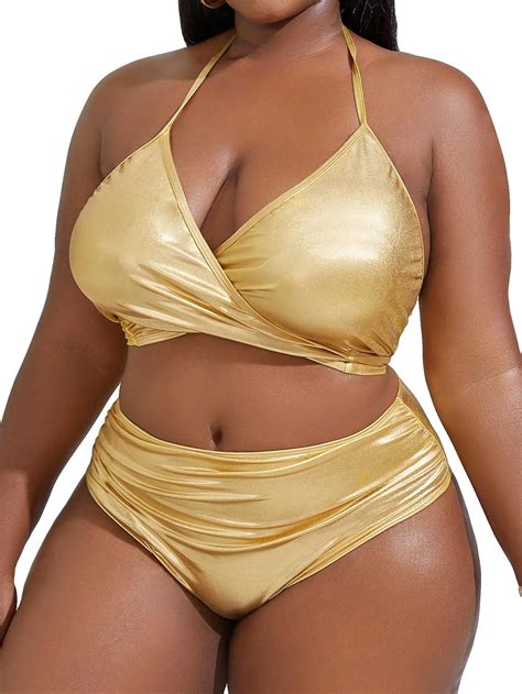 Amazon Wdirara Women S Plus Size Metallic Wrap Halter Bikini Swimsuit Piece Tie Back