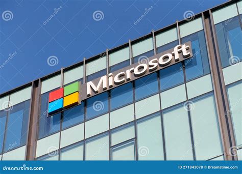 Microsoft Corporation Brand Logo on High Rise Glass Building Exterior, Outdoor Blue Sky Copy ...