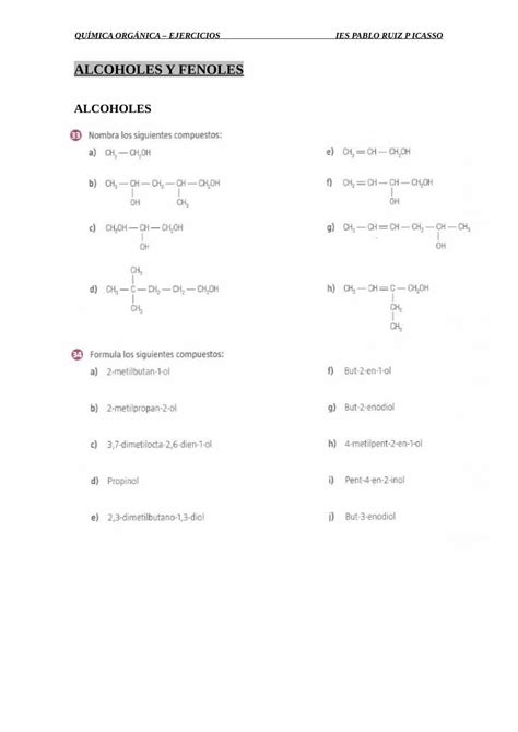 Pdf Alcoholes Y Fenoles Qu Mica Org Nica Ejercicios Ies Pablo