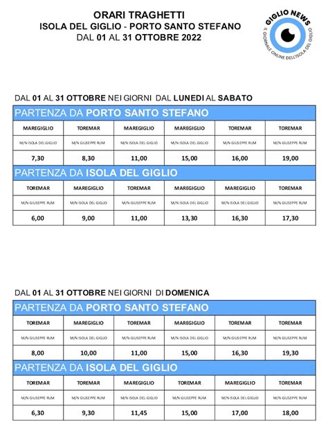 Gli Orari Dei Traghetti Dal 1 Al 31 Ottobre 2022 Giglionews